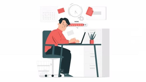 man working in the office with a computer on the desktop 4k animation
