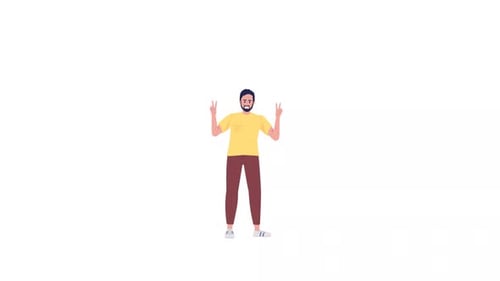 Animated Man Making Peace Sign with Speech Bubble