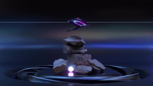 A Modern Laptop Hovers and Rotates Over a Stone Mountain