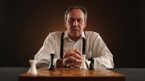Dramatisch Schach-Endspiel-Mann mit brauner Hintergrundbeleuchtung