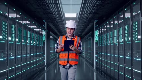 Asian Male Use Tablet While Walking in Data Center