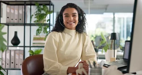 Business woman, face and call center with headset, mic or help desk for customer service at office