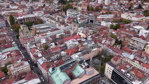 Drone Shot, Sarajevo City Center Buildings, Bosnia and Herzegovina. Mosque, Cathedral and Church