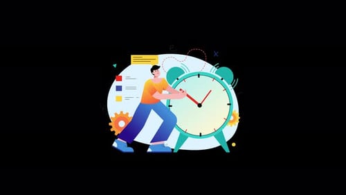 Person, die eine große Uhr in einer stilisierten Abbildung einstellt