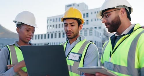 Business people, engineer and team with laptop in city for architecture