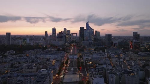 Forwards Fly Towards City Skyline with Modern High Rise Buildings in Business Borough La Defense