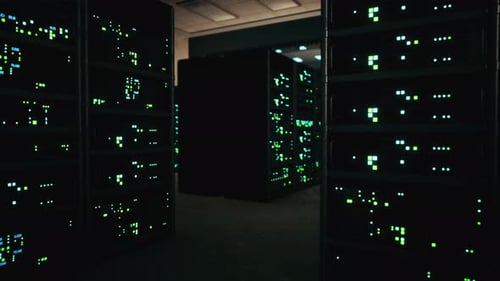 Modern Server Room with Supercomputers Light