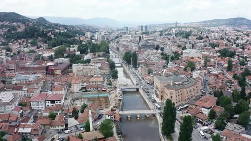 Aerial video of the capital city of Sarajevo of Bosnia and Herzegovina