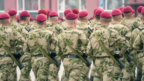 Russian War Victory Parade Armed Spetsnaz Soldiers Troop Red Berets Platoon
