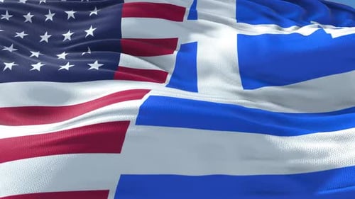 USA and Greece Flags Waving Together in Blue Sky
