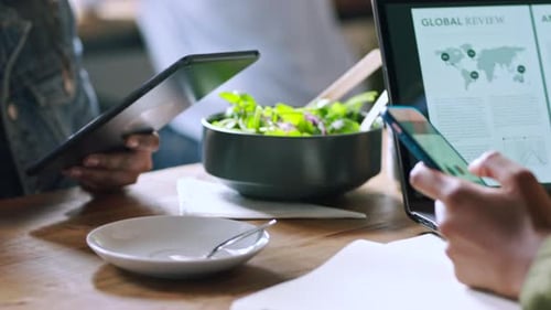 Business people, hands or technology meeting in coffee shop, restaurant