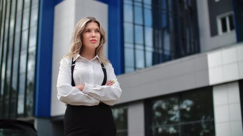 Success Fashion Business Woman Boss Employee Posing Outdoor at Downtown City Center Office Building