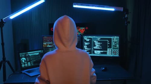 Rear view. Young professional female hacker is indoors by computer