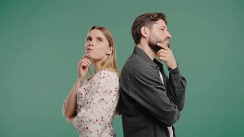 Young Pretty Woman Gazes Dreamily Bearded Male Partner Looks ThoughtfulFocused