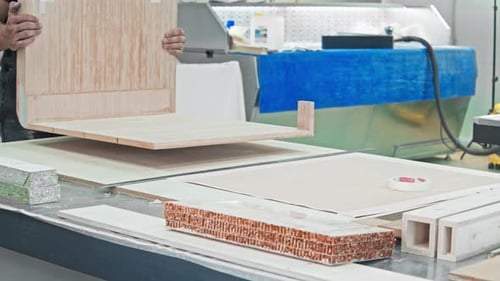 Un miembro del personal de una fábrica de muebles entrega un componente y realiza una verificación