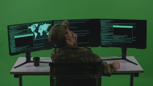Man Soldier Developer Yawning Before Sleeping While Write Code With Multiple Screens In Green Screen