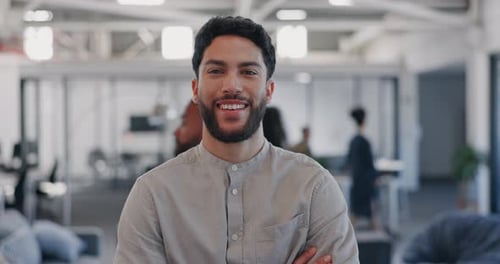 Leadership, office and face of businessman with smile, crossed arms and thinking of ideas