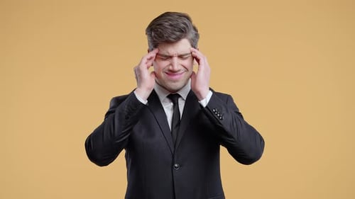 30s Aged Businessman in Formal Wear Having Headache Studio Portrait Guy Putting Hands on Head