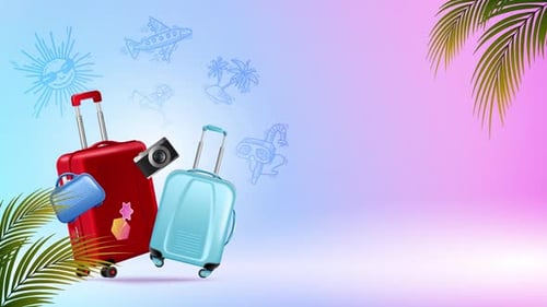 Colorful Travel Suitcases with Hand-Drawn Vacation Icons Animation