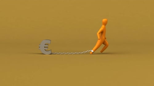 Orange Figure Chained to Euro Symbol Running for Financial Freedom