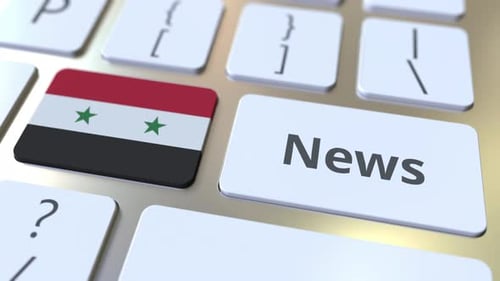 Nachrichten-Text und Flagge Syriens auf den Tasten einer Computertastatur