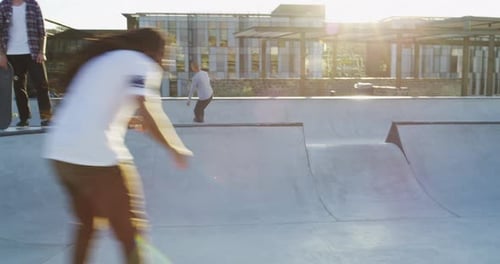 Men, group and skateboard trick at park for sports exercise or summer fitness