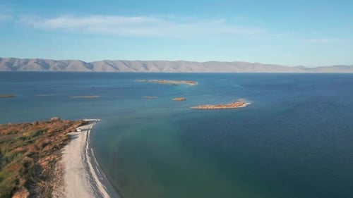 Drone footage mountain lake. Aerial view on Sevan lake in Armenia, West Asia.