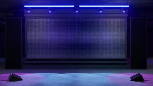 Empty stage featuring metal wall and neon lights