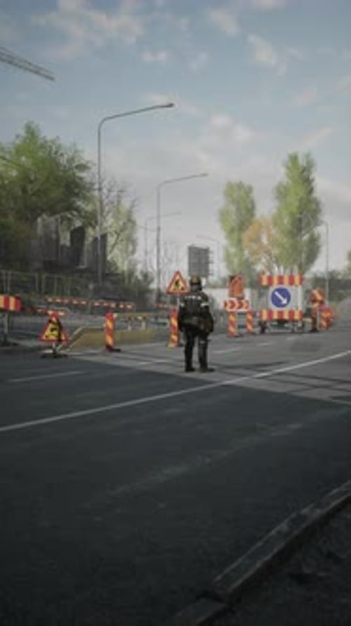 Road Worker Manages Traffic at a Busy Construction Site with Caution Signs