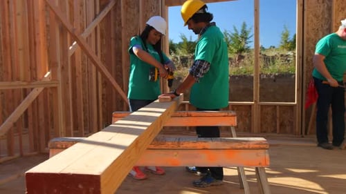 Volunteers Building New Home Constructing Frame with Drill