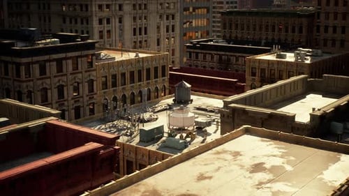 Aerial View of Urban Rooftops Showcasing Architectural Details and Structures