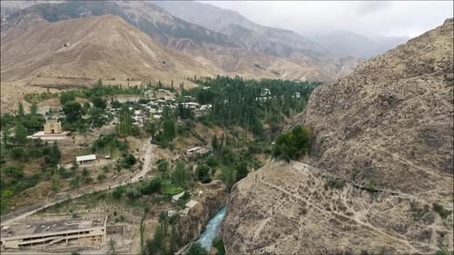 Mountain Village River Valley Aerial View
