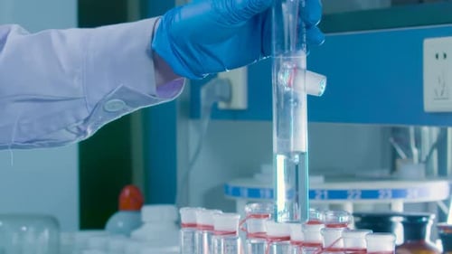 Gloved Hand Holds Liquid Filled Chemistry Beaker