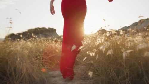 Woman With Red Dress Runs Among The Yellow Plants Of A Nature In Sicily Sunset