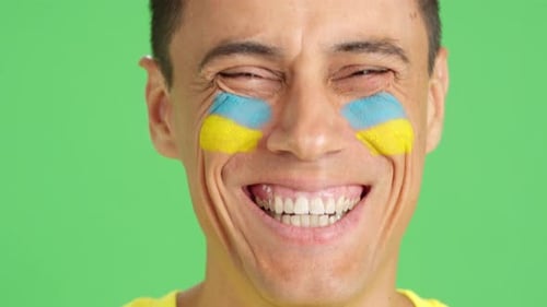 Smiling Adult Face with Blue and Yellow Paint