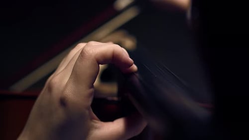 On Strings of Cello the Musician Plays with Fingers and Bow Closeup