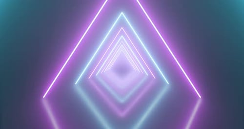 Neon glowing triangular tunnel with moving pink light lines. Background futuristic corridor