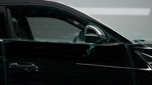 Close-up of Modern Car Door and Side Mirror with Wireframe Overlay