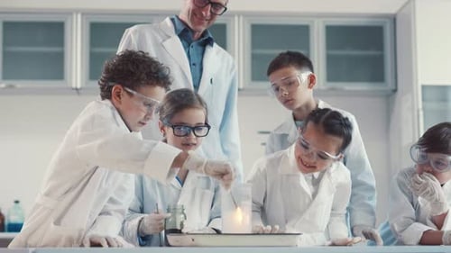 Students Conduct Science Experiment in Brightly Lit Laboratory