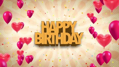 Animated Happy Birthday Title with Floating Balloons and Confetti