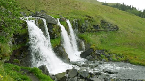 Lower Gluggafoss Waterfall in Slow Motion, Reykjanes Peninsula. Iceland.