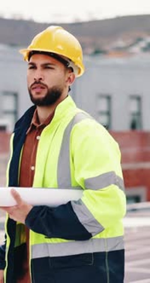 Man, engineer and thinking in city with blueprint, inspection and quality control for construction
