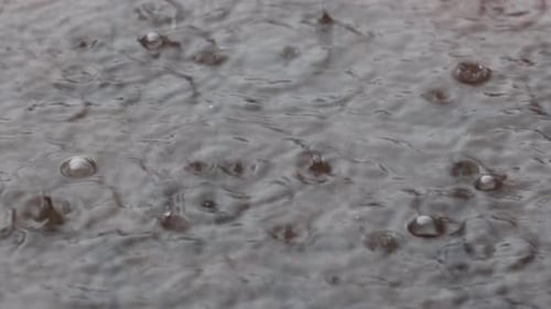 Heavy rain falling into puddle. Autumn. UK