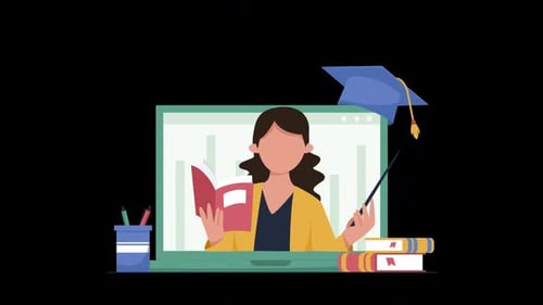 Animated Flat Design Illustration of an Online Teacher with Books