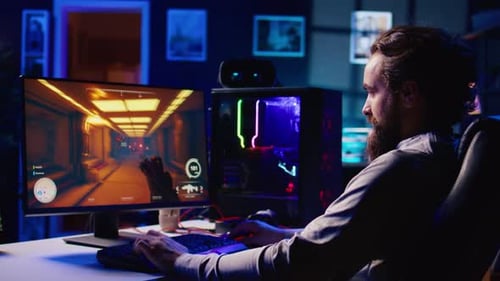 Gamer Playing Science Fiction First Person Shooter Game Fighting Enemy Boss