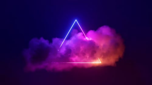 Minimalist neon background with glowing triangular shape and spinning cloud.