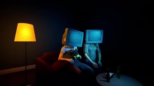 Retro TV Head People with Static Screens in Dark Room