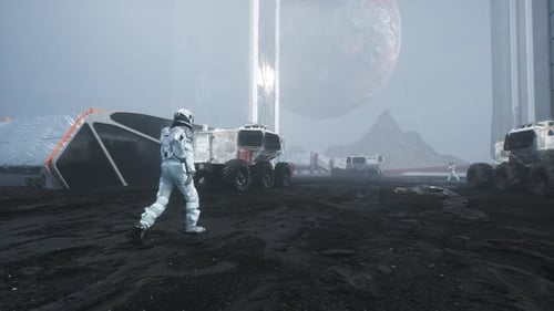 Futuristic Astronaut Walks On The Surface Of A Planet With A View Of Space Colonization
