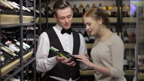 Woman and Man Choosing Wine in Shop
