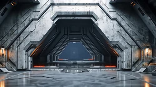 Futuristic, spacious interior corridor. A vast, gray metal hallway,
